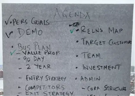 Handwritten agenda from an early planning session